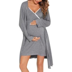 SWOMOG Womens Maternity Robe 2 Piece Nursing Nightgown for Breastfeeding 3 in 1 Labor Delivery Nursing Dress Lace Bathrobe(Grey)