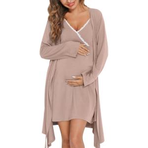 SWOMOG Womens Maternity Robe 2 Piece Nursing Nightgown for Breastfeeding 3 in 1 Labor Delivery Nursing Dress Lace Bathrobe(Light Brown)