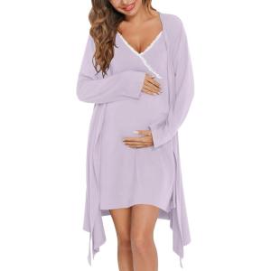 SWOMOG Womens Maternity Robe 2 Piece Nursing Nightgown for Breastfeeding 3 in 1 Labor Delivery Nursing Dress Lace Bathrobe(Lilac)