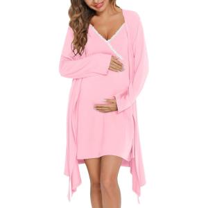 SWOMOG Womens Maternity Robe 2 Piece Nursing Nightgown for Breastfeeding 3 in 1 Labor Delivery Nursing Dress Lace Bathrobe(Pink)