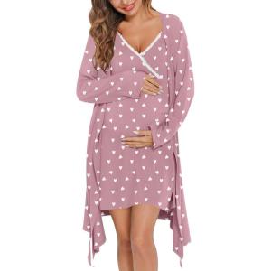 SWOMOG Womens Maternity Robe 2 Piece Nursing Nightgown for Breastfeeding 3 in 1 Labor Delivery Nursing Dress Lace Bathrobe(Taro Purple Heart)
