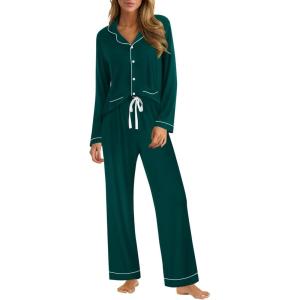 SWOMOG Womens Pajama Sets Long Sleeve Button Down Sleepwear Soft Pjs Lounge Sets with Pockets Navy Blue Wide Piping(Emerald Green-two Pockets)