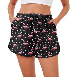 SWOMOG Womens Pajama Shorts Elastic Waist Sleep Shorts Women Comfy Lounge Pants Soft Pj Shorts with Pockets S-XXL(Black Flamingo)