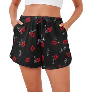SWOMOG Womens Pajama Shorts Elastic Waist Sleep Shorts Women Comfy Lounge Pants Soft Pj Shorts with Pockets S-XXL(Black Red Lips)