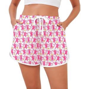 SWOMOG Womens Pajama Shorts Elastic Waist Sleep Shorts Women Comfy Lounge Pants Soft Pj Shorts with Pockets S-XXL(Pink Monkey)