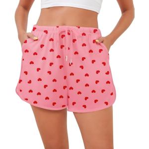 SWOMOG Womens Pajama Shorts Elastic Waist Sleep Shorts Women Comfy Lounge Pants Soft Pj Shorts with Pockets S-XXL(Pink Red Heart)