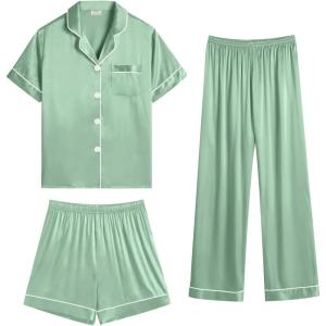 SWOMOG Womens Silk Satin Pajama Sets 3Pcs Button Down Pj Set Short Sleeve Sleepwear Loungewear Pjs Nightwear XS-XXL(Avocado Green)