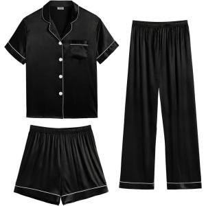 SWOMOG Womens Silk Satin Pajama Sets 3Pcs Button Down Pj Set Short Sleeve Sleepwear Loungewear Pjs Nightwear XS-XXL(Black)