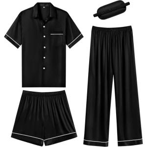 SWOMOG Womens Silk Satin Pajama Sets 3Pcs Button Down Pj Set Short Sleeve Sleepwear Loungewear Pjs Nightwear XS-XXL(Black With Eye Mask)