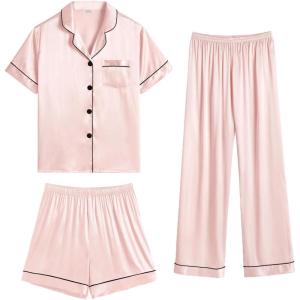 SWOMOG Womens Silk Satin Pajama Sets 3Pcs Button Down Pj Set Short Sleeve Sleepwear Loungewear Pjs Nightwear XS-XXL(Blush Pink)