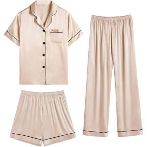 SWOMOG Womens Silk Satin Pajama Sets 3Pcs Button Down Pj Set Short Sleeve Sleepwear Loungewear Pjs Nightwear XS-XXL(Champagne)