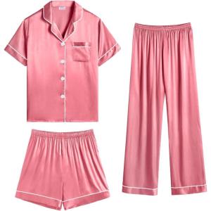SWOMOG Womens Silk Satin Pajama Sets 3Pcs Button Down Pj Set Short Sleeve Sleepwear Loungewear Pjs Nightwear XS-XXL(Coral Red)