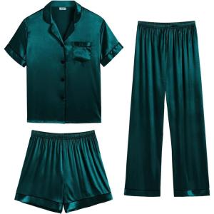 SWOMOG Womens Silk Satin Pajama Sets 3Pcs Button Down Pj Set Short Sleeve Sleepwear Loungewear Pjs Nightwear XS-XXL(Deep Green)