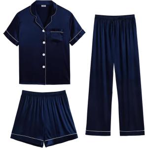 SWOMOG Womens Silk Satin Pajama Sets 3Pcs Button Down Pj Set Short Sleeve Sleepwear Loungewear Pjs Nightwear XS-XXL(Deep Navy Blue)