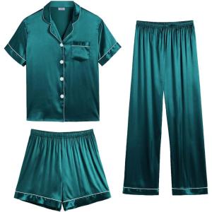 SWOMOG Womens Silk Satin Pajama Sets 3Pcs Button Down Pj Set Short Sleeve Sleepwear Loungewear Pjs Nightwear XS-XXL(Green)