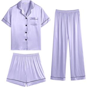 SWOMOG Womens Silk Satin Pajama Sets 3Pcs Button Down Pj Set Short Sleeve Sleepwear Loungewear Pjs Nightwear XS-XXL(Lavender)
