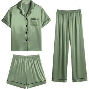 SWOMOG Womens Silk Satin Pajama Sets 3Pcs Button Down Pj Set Short Sleeve Sleepwear Loungewear Pjs Nightwear XS-XXL(Matcha)