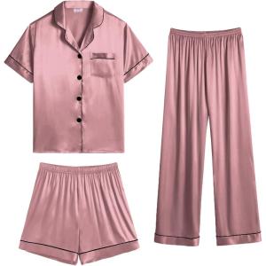 SWOMOG Womens Silk Satin Pajama Sets 3Pcs Button Down Pj Set Short Sleeve Sleepwear Loungewear Pjs Nightwear XS-XXL(Misty Rose)