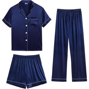 SWOMOG Womens Silk Satin Pajama Sets 3Pcs Button Down Pj Set Short Sleeve Sleepwear Loungewear Pjs Nightwear XS-XXL(Navy Blue)