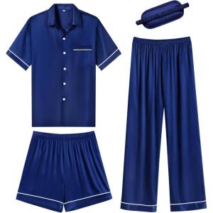 SWOMOG Womens Silk Satin Pajama Sets 3Pcs Button Down Pj Set Short Sleeve Sleepwear Loungewear Pjs Nightwear XS-XXL(Navy Blue With Eye Mask)