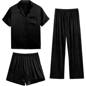 SWOMOG Womens Silk Satin Pajama Sets 3Pcs Button Down Pj Set Short Sleeve Sleepwear Loungewear Pjs Nightwear XS-XXL(Obsidian)