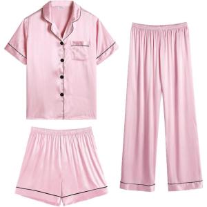 SWOMOG Womens Silk Satin Pajama Sets 3Pcs Button Down Pj Set Short Sleeve Sleepwear Loungewear Pjs Nightwear XS-XXL(Pink)