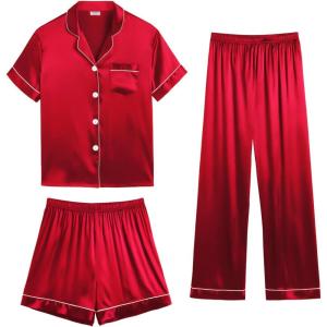 SWOMOG Womens Silk Satin Pajama Sets 3Pcs Button Down Pj Set Short Sleeve Sleepwear Loungewear Pjs Nightwear XS-XXL(Red)