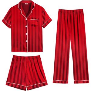 SWOMOG Womens Silk Satin Pajama Sets 3Pcs Button Down Pj Set Short Sleeve Sleepwear Loungewear Pjs Nightwear XS-XXL(Red Stripe)