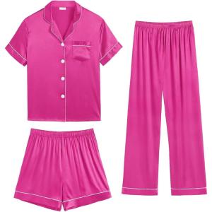 SWOMOG Womens Silk Satin Pajama Sets 3Pcs Button Down Pj Set Short Sleeve Sleepwear Loungewear Pjs Nightwear XS-XXL(Rose Red)