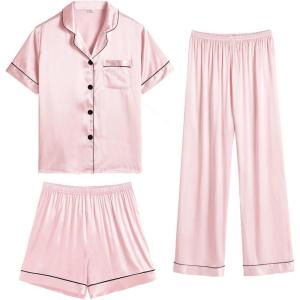 SWOMOG Womens Silk Satin Pajama Sets 3Pcs Button Down Pj Set Short Sleeve Sleepwear Loungewear Pjs Nightwear XS-XXL(Sakura Pink)
