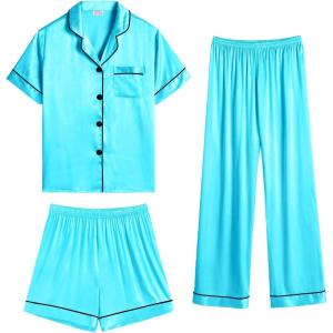 SWOMOG Womens Silk Satin Pajama Sets 3Pcs Button Down Pj Set Short Sleeve Sleepwear Loungewear Pjs Nightwear XS-XXL(Tfblue)