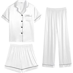 SWOMOG Womens Silk Satin Pajama Sets 3Pcs Button Down Pj Set Short Sleeve Sleepwear Loungewear Pjs Nightwear XS-XXL(White)