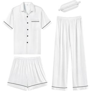 SWOMOG Womens Silk Satin Pajama Sets 3Pcs Button Down Pj Set Short Sleeve Sleepwear Loungewear Pjs Nightwear XS-XXL(White With Eye Mask)