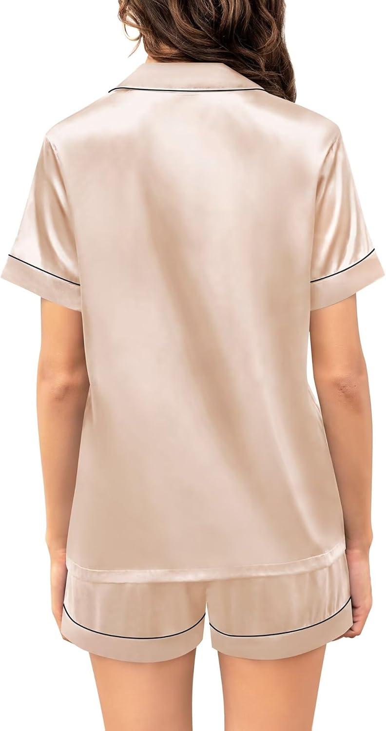 imageSWOMOG Couple Matching Pajamas Sets Women amp Men Button Down Silk Pjs Men Short Sleeve Soft Lounge Sets 2 Pcs LoungewearChampagne