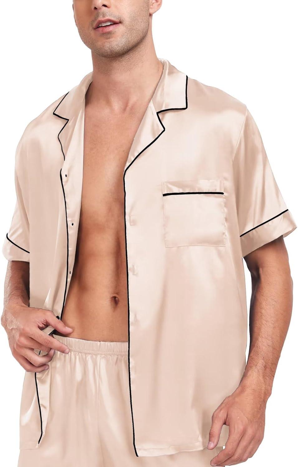 imageSWOMOG Couple Matching Pajamas Sets Women amp Men Button Down Silk Pjs Men Short Sleeve Soft Lounge Sets 2 Pcs LoungewearChampagne