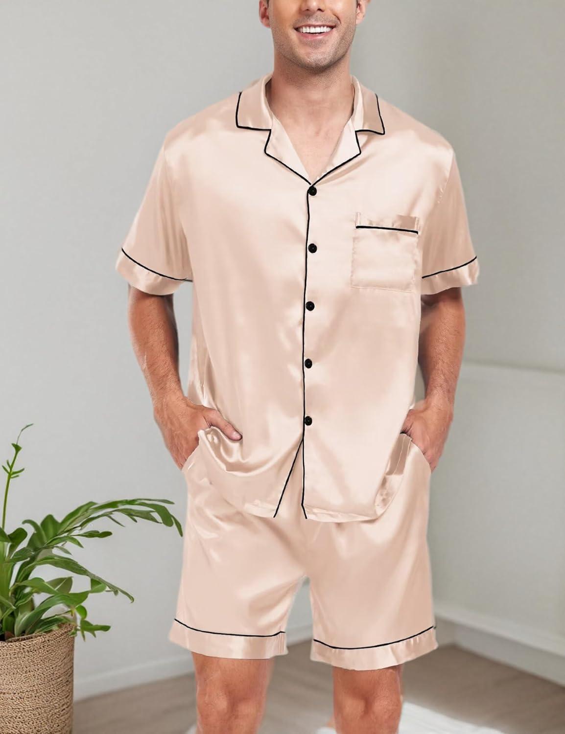 imageSWOMOG Couple Matching Pajamas Sets Women amp Men Button Down Silk Pjs Men Short Sleeve Soft Lounge Sets 2 Pcs LoungewearChampagne