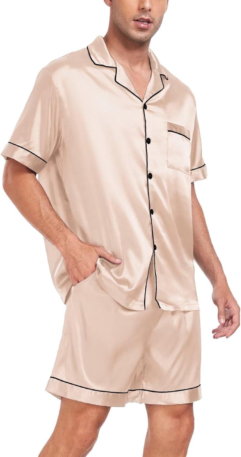 imageSWOMOG Couple Matching Pajamas Sets Women amp Men Button Down Silk Pjs Men Short Sleeve Soft Lounge Sets 2 Pcs LoungewearChampagne