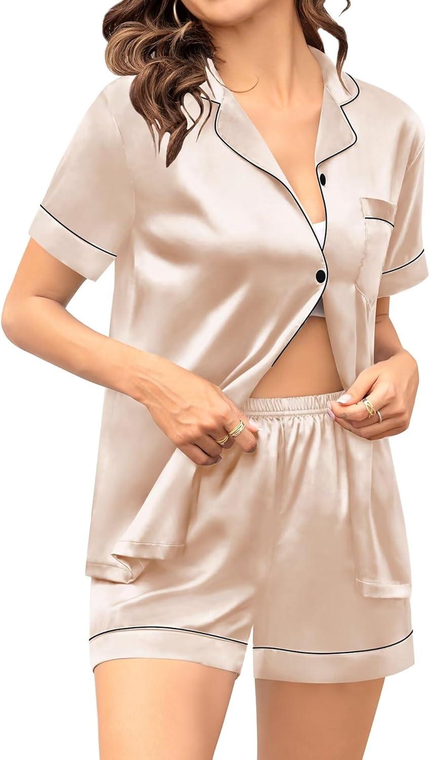 imageSWOMOG Couple Matching Pajamas Sets Women amp Men Button Down Silk Pjs Men Short Sleeve Soft Lounge Sets 2 Pcs LoungewearChampagne