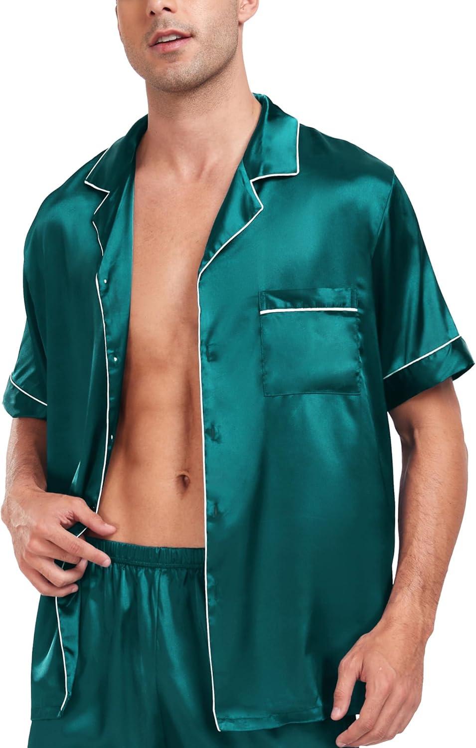 imageSWOMOG Couple Matching Pajamas Sets Women amp Men Button Down Silk Pjs Men Short Sleeve Soft Lounge Sets 2 Pcs LoungewearGreen