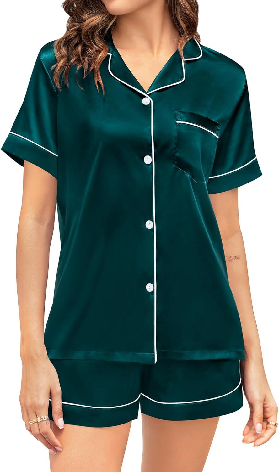 imageSWOMOG Couple Matching Pajamas Sets Women amp Men Button Down Silk Pjs Men Short Sleeve Soft Lounge Sets 2 Pcs LoungewearGreen
