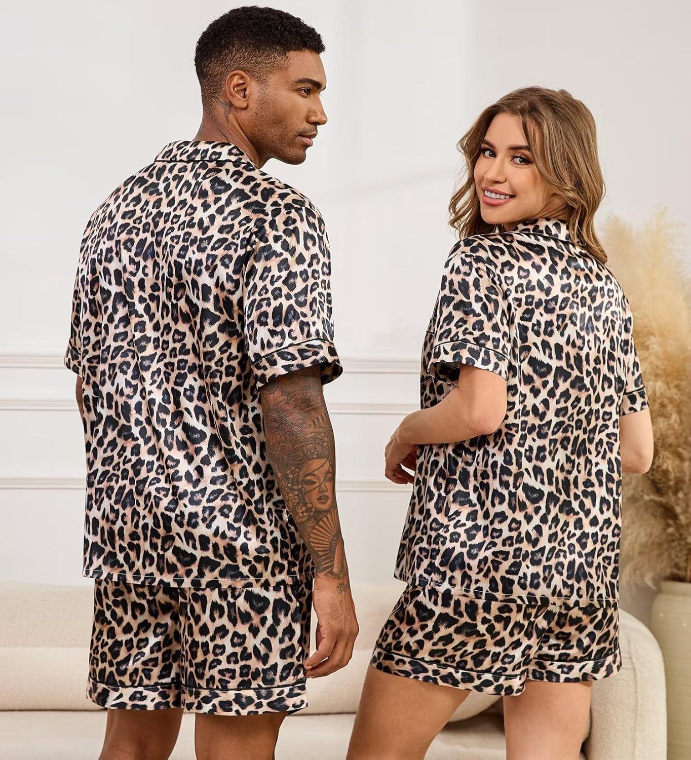 imageSWOMOG Couple Matching Pajamas Sets Women amp Men Button Down Silk Pjs Men Short Sleeve Soft Lounge Sets 2 Pcs LoungewearLeopard