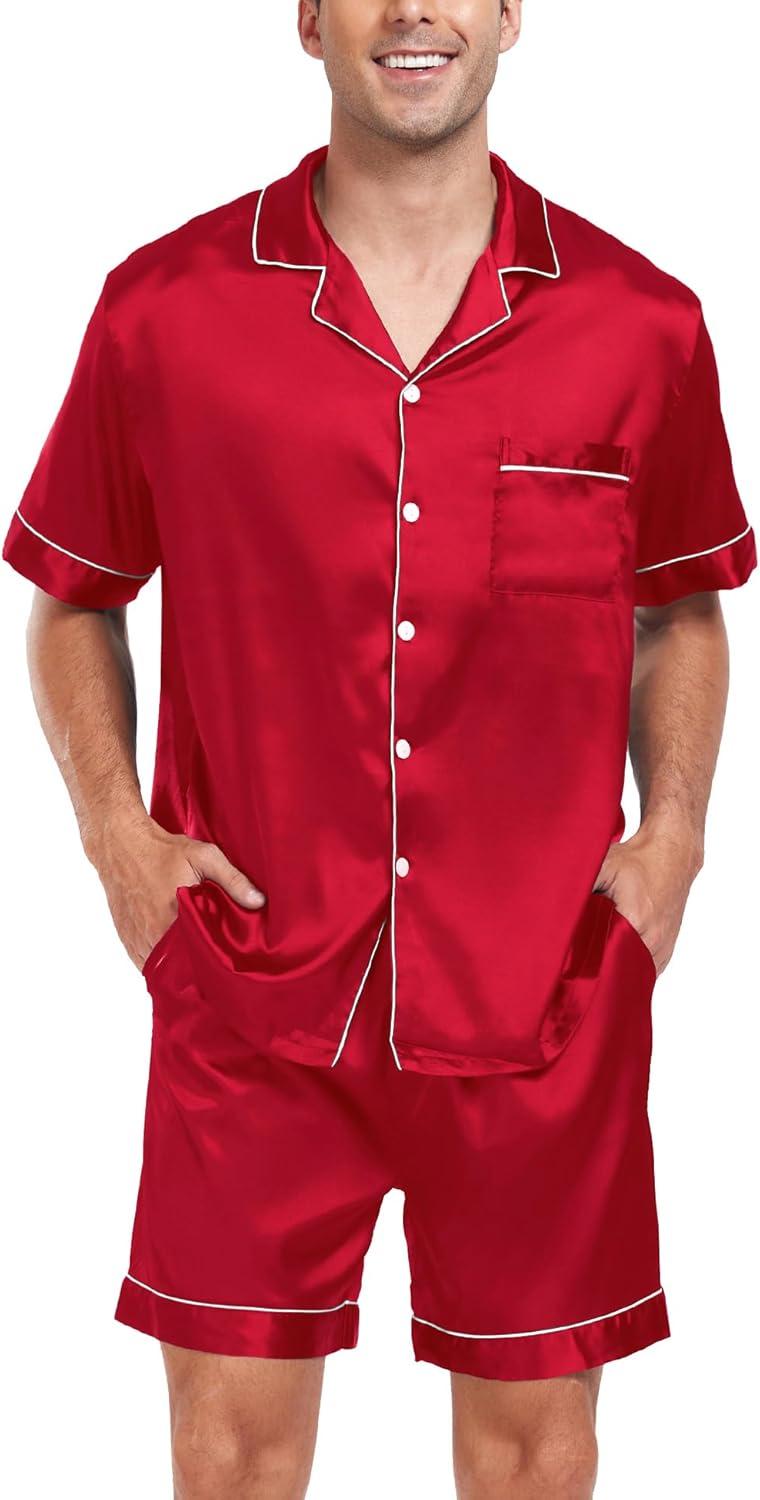 imageSWOMOG Couple Matching Pajamas Sets Women amp Men Button Down Silk Pjs Men Short Sleeve Soft Lounge Sets 2 Pcs LoungewearLight Red