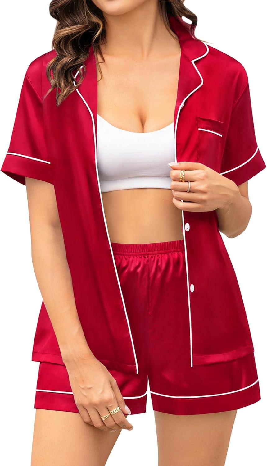 imageSWOMOG Couple Matching Pajamas Sets Women amp Men Button Down Silk Pjs Men Short Sleeve Soft Lounge Sets 2 Pcs LoungewearLight Red