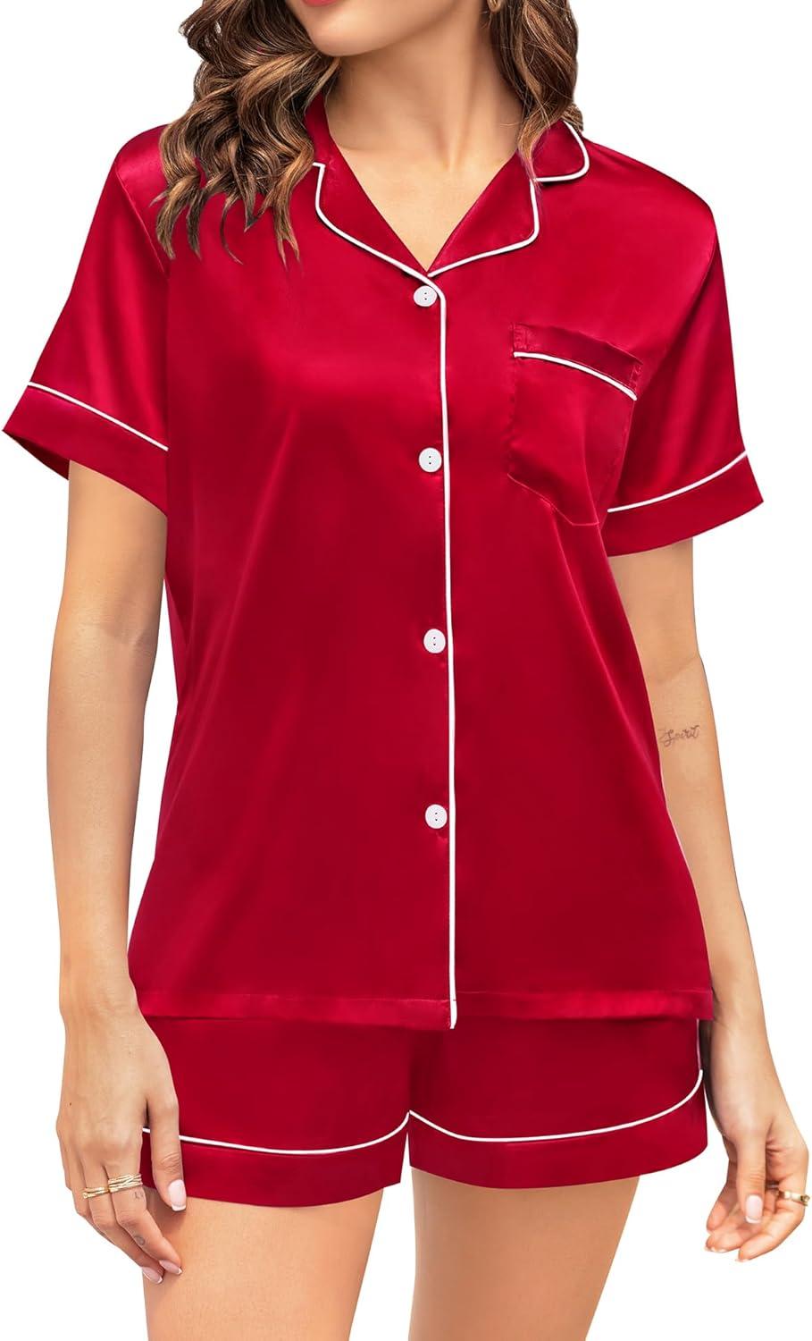imageSWOMOG Couple Matching Pajamas Sets Women amp Men Button Down Silk Pjs Men Short Sleeve Soft Lounge Sets 2 Pcs LoungewearLight Red