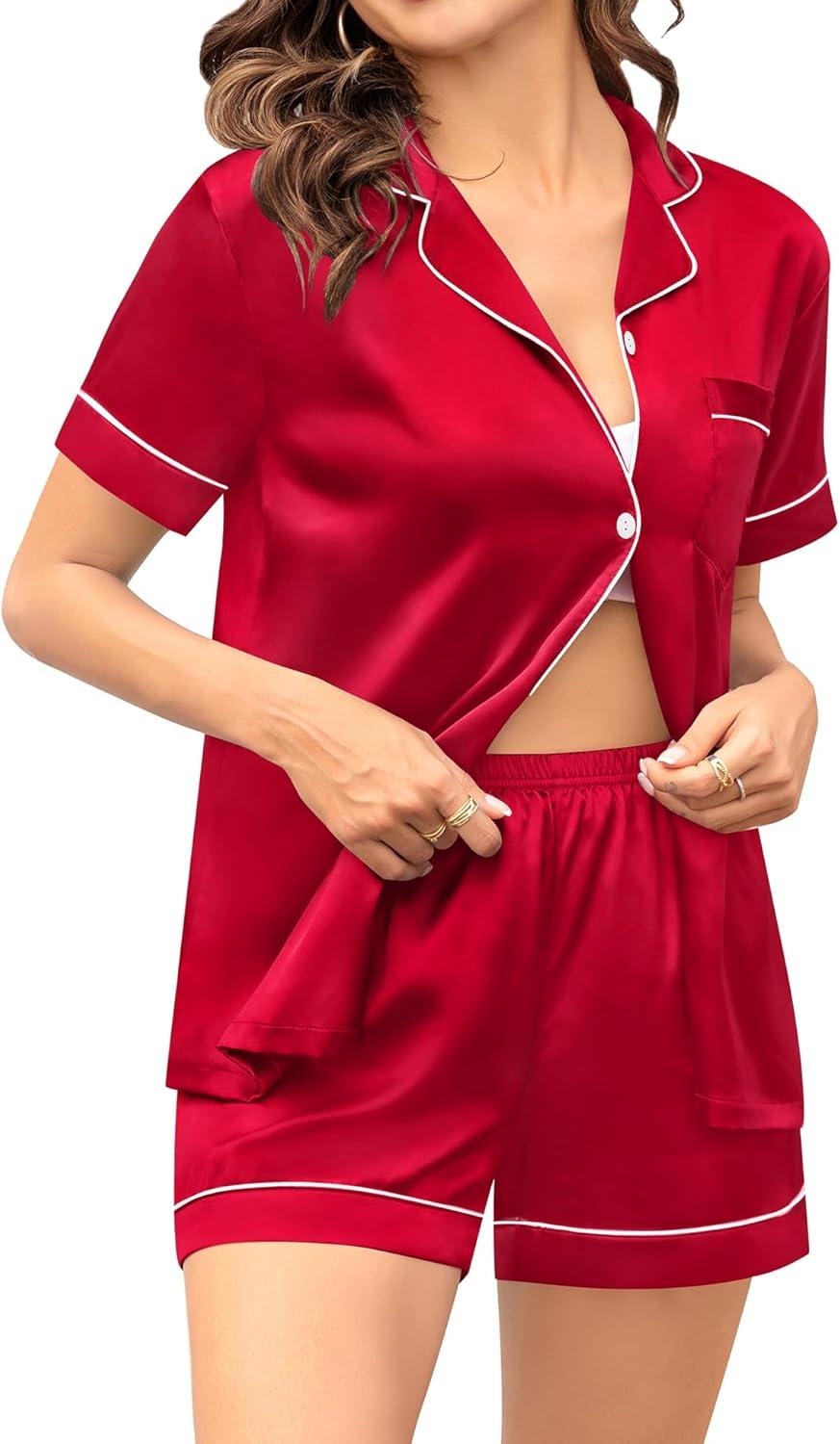 imageSWOMOG Couple Matching Pajamas Sets Women amp Men Button Down Silk Pjs Men Short Sleeve Soft Lounge Sets 2 Pcs LoungewearLight Red