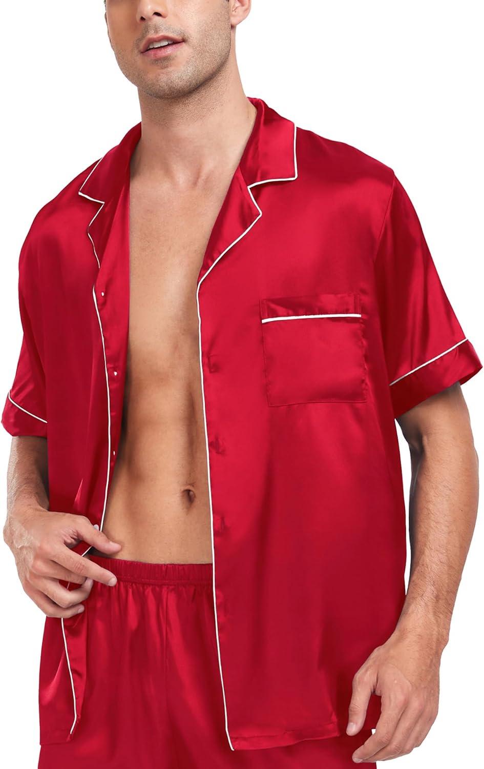 imageSWOMOG Couple Matching Pajamas Sets Women amp Men Button Down Silk Pjs Men Short Sleeve Soft Lounge Sets 2 Pcs LoungewearLight Red
