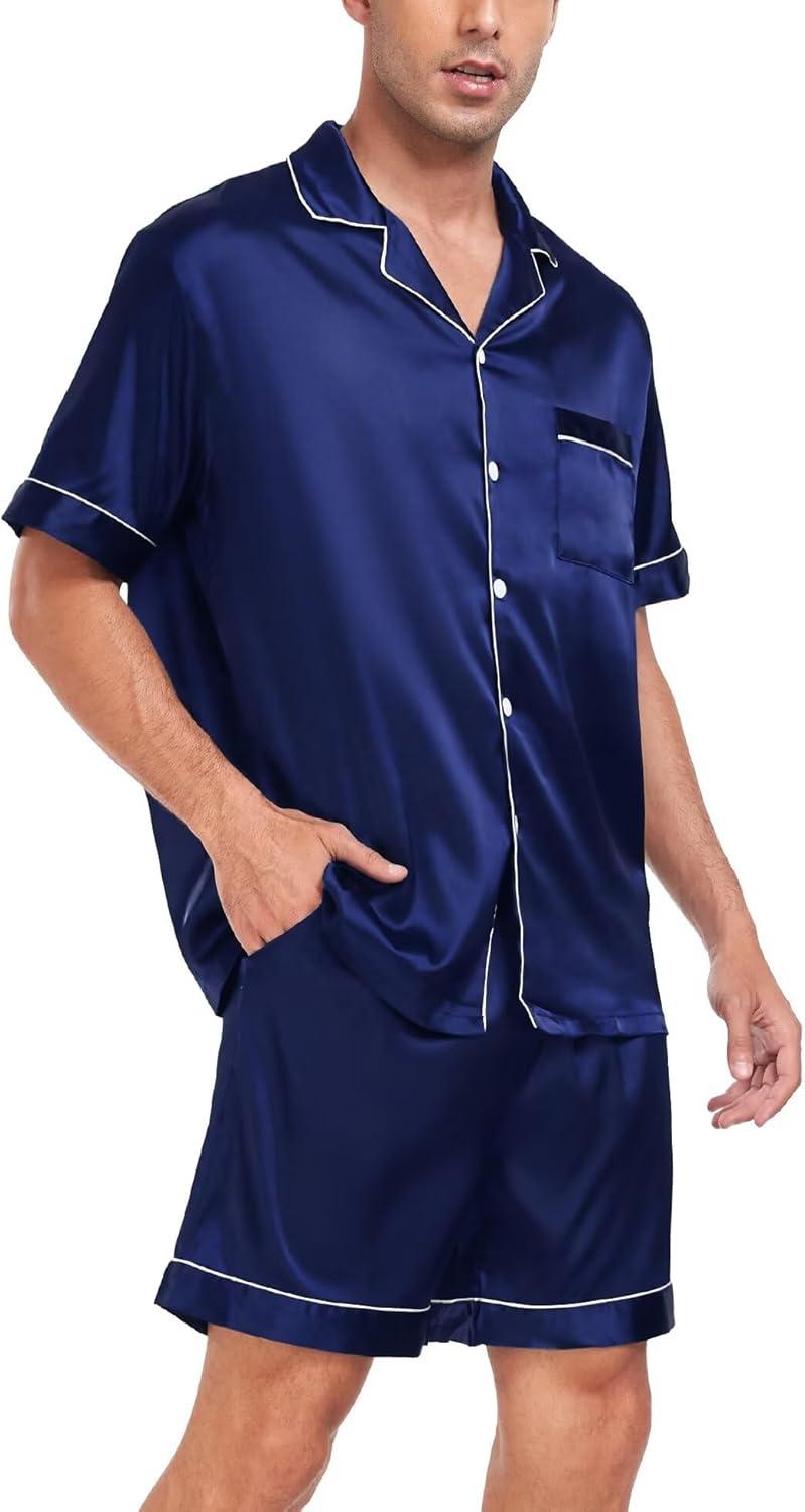 imageSWOMOG Couple Matching Pajamas Sets Women amp Men Button Down Silk Pjs Men Short Sleeve Soft Lounge Sets 2 Pcs LoungewearNavy Blue