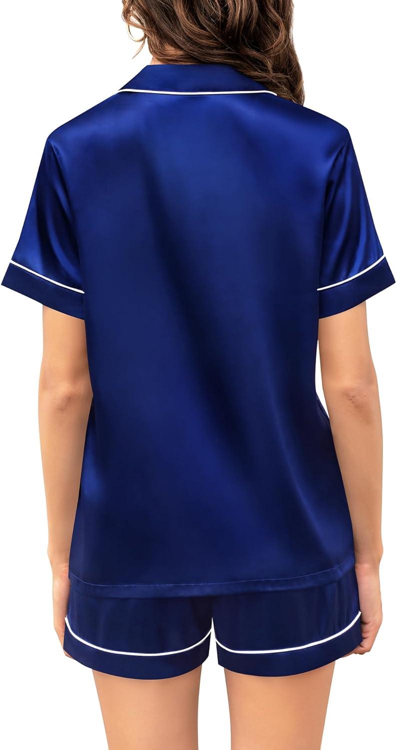 imageSWOMOG Couple Matching Pajamas Sets Women amp Men Button Down Silk Pjs Men Short Sleeve Soft Lounge Sets 2 Pcs LoungewearNavy Blue