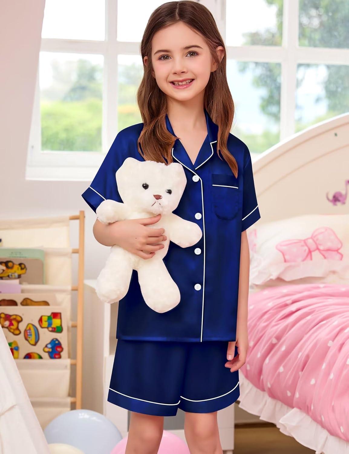 imageSWOMOG Couple Matching Pajamas Sets Women amp Men Button Down Silk Pjs Men Short Sleeve Soft Lounge Sets 2 Pcs LoungewearNavy Blue