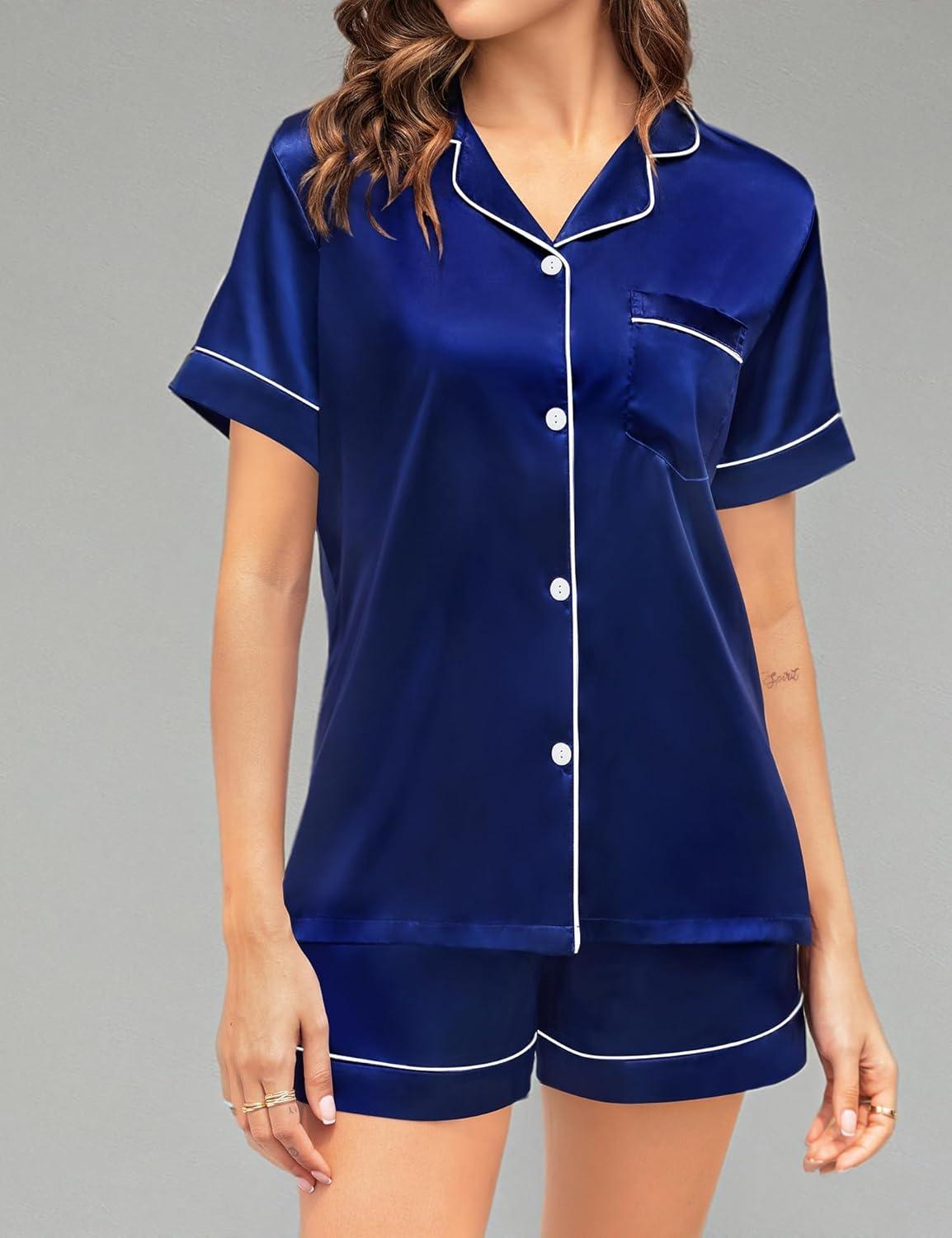 imageSWOMOG Couple Matching Pajamas Sets Women amp Men Button Down Silk Pjs Men Short Sleeve Soft Lounge Sets 2 Pcs LoungewearNavy Blue